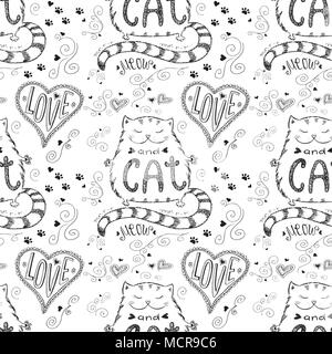 Amore ans cat seamless pattern, disegnati a mano scritte su sfondo bianco, stock illustrazione vettoriale. Illustrazione Vettoriale