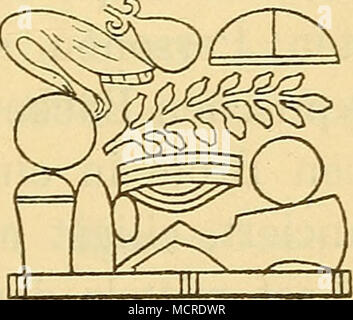 . Fig. f-8: Opfertisch mit runden, kegelförmigen und halbkugel- förmigen Broten, Libationsgefäss, Ei, Tierkeule, Geflügel, Wein- traube Zweig vom Granatbaum. A. d. Tempel zu Amada. XVIII. Dynastie. (L. D. III, 48). koloriert; die Verzierungen aber sind heller oder duiiklei- markiert. (Fig. 86, 87 und 88.) unter dem feineren Gebäck kamen, wie heutzutage in unseren IvonditorÜiden, die erdenk- Woenig, Die Pflanzen im alten Aegypten ha. ^^ Foto Stock