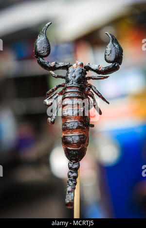 Dettaglio di uno spiedino di scorpione in un cibo di strada in stallo Khao San Road, Bangkok, Thailandia Foto Stock