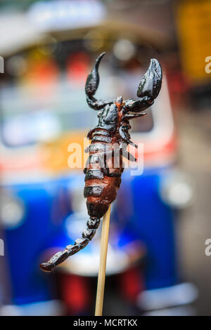 Dettaglio di uno spiedino di scorpione in un cibo di strada in stallo Khao San Road, Bangkok, Thailandia Foto Stock