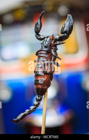 Dettaglio di uno spiedino di scorpione in un cibo di strada in stallo Khao San Road, Bangkok, Thailandia Foto Stock