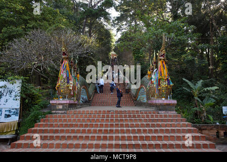 Decorate draghi a naga scale, la lunga scalinata al tempio Wat Phrathat Doi Suthep Rajvoravihara, Chiang Mai, Thailandia Foto Stock