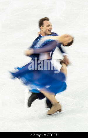 Motion Blur azione di Natalia Kaliszek/Maksym Spodyriev (POL) nel pattinaggio di figura - danza su ghiaccio gratuita presso i Giochi Olimpici Invernali PyeongChang 2018 Foto Stock