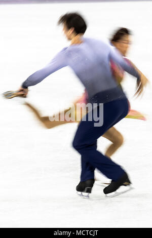 Motion Blur azione di Kana Muramoto/Chris Reed (JPN) nel pattinaggio di figura - danza su ghiaccio gratuita presso i Giochi Olimpici Invernali PyeongChang 2018 Foto Stock