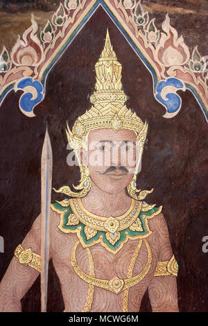 Dettagli della parete dipinti raffiguranti il mito di Ramakien in Wat Phra Kaew Palace, anche noto come il Tempio del Buddha di Smeraldo. Bangkok, Tailandia. Foto Stock