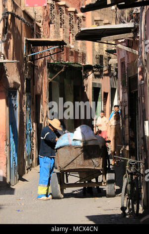 La vaschetta di raccolta dei residui con donkey carrello nelle strette strade del vecchio quartiere della Medina di Marrakech, Marocco Foto Stock