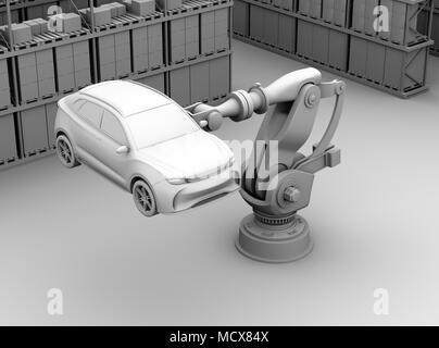 Creta immagine di rendering di pesanti braccio robotizzato portante SUV bianco in stabilimento di montaggio. Il rendering 3D'immagine. Foto Stock