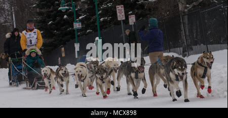 La 46th Annual Iditarod Trail Sled Dog Race è stata una competizione di cani da slitta a lunga distanza tenutasi in Alaska nel 2018, a partire da una cerimonia di partenza di 11 miglia ad Anchorage il 3 marzo. La corsa copre circa 1.000 miglia da Anchorage a nome sulla costa del Mare di Bering. L'immagine d'archivio documenta sessantasette musher e le loro squadre di cani all'inizio ufficiale dell'evento. Foto Stock