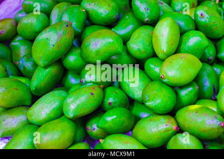 Materie di mango acerbo di colore verde per la vendita in indian mercato ortofrutticolo Foto Stock