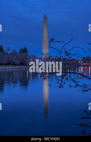 Washington DC. Stati Uniti d'America - 24 Marzo 2018. Bellissima vista del Monumento di Washington nel crepuscolo, scena con riflesso nell'acqua Foto Stock