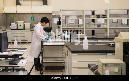 Yoshito Oshiro, XVIII Medicina Aerospaziale Squadron medicina preventiva di volo Servizi di laboratorio chimico, prepara per pulire attrezzature di laboratorio Marzo 8, 2018 a Kadena Air Base, Giappone. Il test di laboratorio molti elementi trovati nell'ambiente di Okinawa, in Giappone, come acqua, olio e del suolo. (U.S. Air Force foto di Senior Airman Jessica H. Smith) Foto Stock