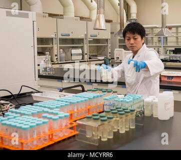 Yoshito Oshiro, XVIII Medicina Aerospaziale Squadron medicina preventiva di volo Servizi di laboratorio chimico, raccoglie campioni da sottoporre a prova il 8 marzo, 2018 a Kadena Air Base, Giappone. Il test di laboratorio molti elementi trovati nell'ambiente di Okinawa, in Giappone, come acqua, olio e del suolo. (U.S. Air Force foto di Senior Airman Jessica H. Smith) Foto Stock