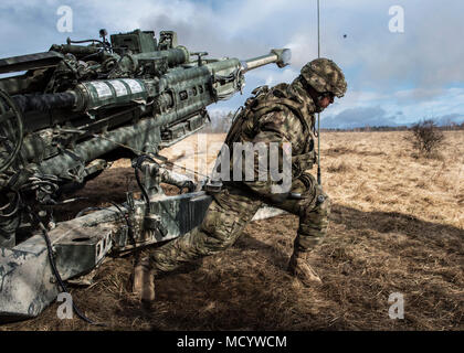 US Army gunners da Archer batteria, 2° plotone, quarta sezione, campo squadrone di artiglieria, 2° reggimento di cavalleria effettuare una missione sulla M777 obice. Esercizio anteriore dinamico 18 comprende circa 3.700 partecipanti provenienti da 26 nazioni a U.S. Dell'armata di Grafenwoehr Area Formazione (Germania), dal 23 febbraio-marzo 10, 2018. Dynamic Front è un annuale U.S. Esercito Europa (USAREUR) esercizio incentrati sull'interoperabilità di U.S. Esercito, servizio comune e allied nazione artiglieria e fuoco di supporto in un ambiente multinazionale, dal teatro-livello sede identificare bersagli per pistola equipaggi cordini di trazione Foto Stock