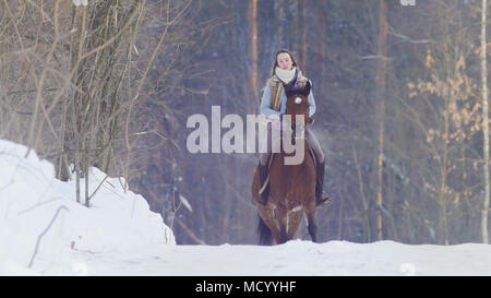 Giovane donna al galoppo sulla snowly all'esterno sul cavallo rosso - teleobiettivo shot Foto Stock