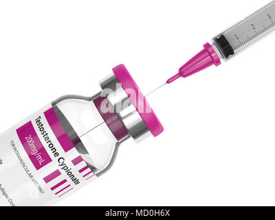 3D render di testosterone cypionate flaconcino con la siringa su sfondo bianco. Gli steroidi anabolizzanti concetto. Foto Stock
