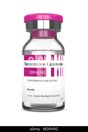 3D render di testosterone cypionate flaconcino su sfondo bianco. Gli steroidi anabolizzanti concetto. Foto Stock