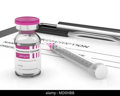3D render di testosterone cypionate flaconcino con la siringa su sfondo bianco. Gli steroidi anabolizzanti concetto. Foto Stock