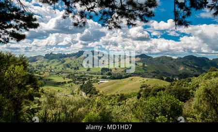 Verdi colline ondulate e cielo blu con nuvole incorniciate da rami di alberi. La posizione è Kauri Loop Track situato nella regione di Waikato della Nuova Zelanda. Foto Stock