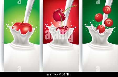 Schizzi di latte con Apple, ciliegia, mirtillo palustre Illustrazione Vettoriale