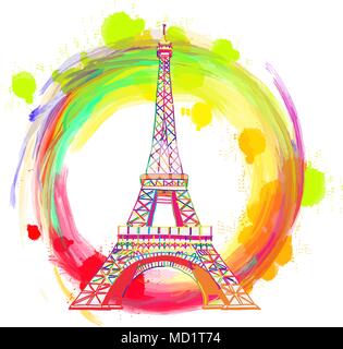 Parigi Torre Eiffel concetto di disegno. Disegnato a mano illustrazione dello skyline. Viaggiare per il mondo il concetto di immagini vettoriali per il marketing digitale e stampe poster. Illustrazione Vettoriale