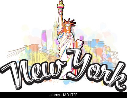 New York Liberty statua disegno con Headline. Disegnato a mano illustrazione dello skyline. Viaggiare per il mondo il concetto di immagini vettoriali per il marketing digitale e poster Illustrazione Vettoriale