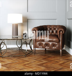 In pelle di mobili vintage in classico interno con pavimento in parquet 3D render Foto Stock