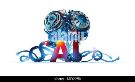 Banner circa di intelligenza artificiale o robotica cervello con lettere ia. La tecnologia di apprendimento automatico. Future Concept sfondo Illustrazione Vettoriale