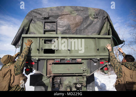 Marines con logistica di combattimento reggimento 25 chiudere il portellone di un 7-ton carrello a Fort Greely, Alaska, prima di un convoglio durante l'esercizio Arctic Edge 18, Marzo 13, 2018. Arctic Edge 18 è una biennale su grande scala, joint-esercizio che prepara e prove il militare degli Stati Uniti è la sua capacità di operare tatticamente nel freddo estremo-Condizioni meteorologiche rilevate in ambienti artici con più di 1500 partecipanti dalla Air Force, esercito, Coast Guard, Marine Corps e il Navy utilizzando l'unica e possibilità di espansione in aria e a terra le aree di formazione in Alaska. (U.S Marine Corps foto di Sgt. Brianna Gaudi) Foto Stock