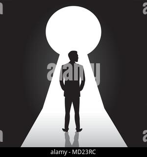 Imprenditore silhouette in piedi la parte anteriore dello sportello keyhole,l'uomo in tuta stand pensare, sognare, pianificazione.Stock illustrazione vettoriale Illustrazione Vettoriale