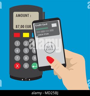 Terminale POS e mano azienda smartphone con carta di credito sullo schermo.nfc pagamenti concetto. Illustrazione Vettoriale piatta in background di design Illustrazione Vettoriale