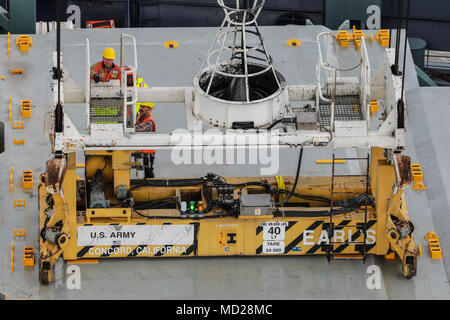 I Longshoremen ispezionare un Gantry Crane spandiconcime durante il funzionamento Trans Mariner 18 West a militari di Ocean Terminal Concord, California, Marzo 4, 2018. Trans Mariner 18 West è un mondo reale missione strategica utilizzando U.S. La riserva di esercito, la Guardia Nazionale e la componente attiva i soldati per condurre operazioni portuali consentendo Army materiel e contenitori di munizioni per il viaggio di andata. (U.S. Esercito foto di Sgt. Eben Boothby) Foto Stock