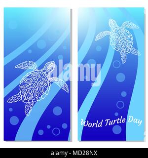 Mondo Giorno della tartaruga. Le tartarughe di acqua swim up. Raggi, bolle, luce. Disegno in etnico stile aborigena. Sfondo blu. Volantini per i partecipanti agli eventi. Illustrazione Vettoriale