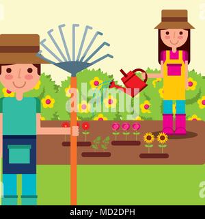 Un ragazzo e una ragazza giardinieri Illustrazione Vettoriale