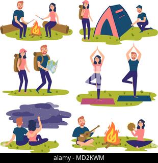 Set di viaggiatori, turisti in viaggio. Lo Yoga, escursionismo Illustrazione Vettoriale