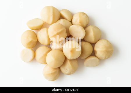 Noci di macadamia su sfondo bianco vista superiore Foto Stock