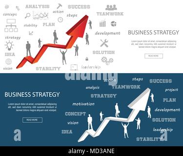 Set di design piatto i concetti per la strategia aziendale. I concetti di business per la presentazione di un progetto, pianificazione, analisi, concetto, il lavoro di squadra e di brainstorming Illustrazione Vettoriale