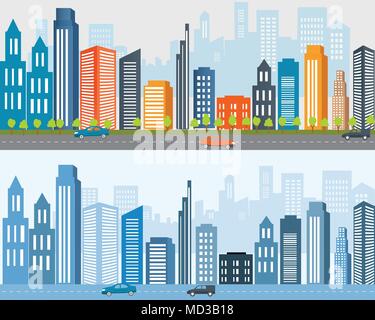 Progettata piatta banner, Big city life, paesaggio urbano.Città urban design, la vita della città. Real estate pubblicità Illustrazione Vettoriale