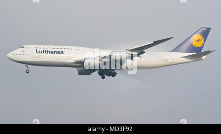 Un Boeing 747-800 della Lufthansa atterra su 19.01.2015 all'aeroporto di Francoforte (Assia). Foto: Christoph Schmidt / dpa | Utilizzo di tutto il mondo Foto Stock