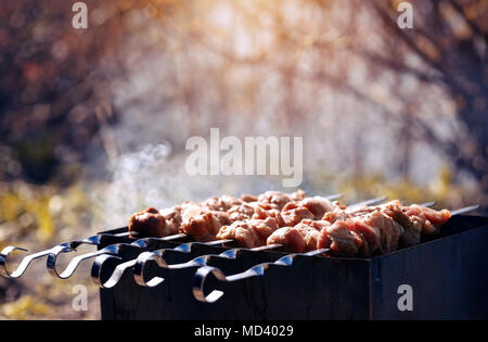 Grigliare affumicato marinato la carne di maiale Deliziosi spiedini Foto Stock