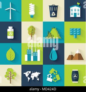Set di ecologia icone piatta illustrazione del concetto. Vettore modello eco dell'elemento per il tuo prodotto o il tuo infographics design, web e applicazioni per dispositivi mobili. Illustrazione Vettoriale
