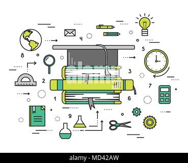 Linea sottile istruzione oggetti illustrazione moderno concetto. Una infografica modo da studio per conoscenza. Icone isolato su sfondo bianco. Vettore di piatto modello di progettazione per il web e applicazione per dispositivi mobili Illustrazione Vettoriale