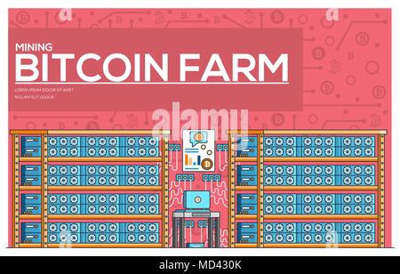 Fattoria Bitcoin sottile linea illustrazione vettoriale concetto. La tecnologia moderna attrezzatura simbolo lineare pack. Il modello Linea sottile logo, simboli, il pittogramma e piatto illustrazioni concetto. Illustrazione Vettoriale