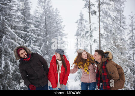 Gli amici di ridere in snow Foto Stock