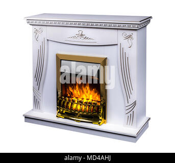 Modern Decorative caminetto elettrico con una bella fiamma di fuoco, isolato foto su uno sfondo bianco Foto Stock