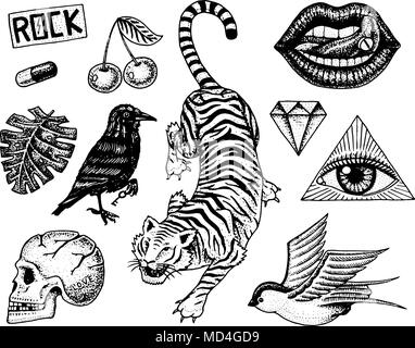 Set di patch di moda. Tattoo artwork per ragazze. Tiger e labbra, cranio e l occhio nel triangolo. Incisi disegnati a mano nel vecchio schizzo vintage. Vettore illustrazione surreale, badge, stampa per t-shirt. Illustrazione Vettoriale