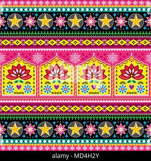 Carrello indiano arte floreale folk seamless pattern arte, Jingle pakistano carrelli design vettoriali, vivid ornamento con fiori di loto e forme astratte Illustrazione Vettoriale