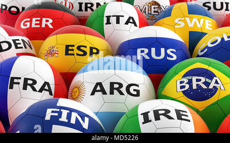 Palloni da calcio colorati di diversa bandiera nazionale colori - 3D rendering Foto Stock