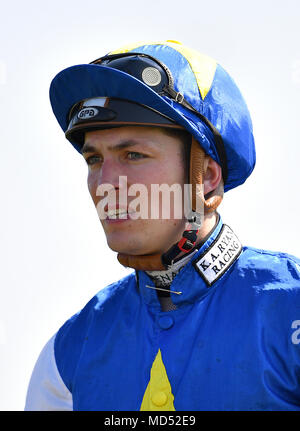 Jockey Kevin Stott dopo il bet365 europeo Handicap gratuito durante il giorno due di bet365 Craven incontro a Newmarket Racecourse. Stampa foto di associazione. Picture Data: mercoledì 18 aprile, 2018. Vedere la storia di PA RACING Newmarket. Foto di credito dovrebbe leggere: Joe Giddens/PA FILO Foto Stock