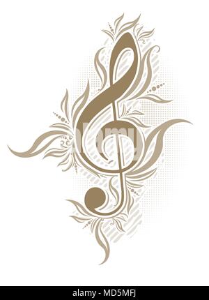 Abstract background musicale in stile grunge con una chiave di violino e di elementi decorativi volute nella gamma di colore marrone. Illustrazione Vettoriale
