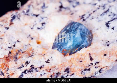 Campione da collezione di corindone blu cristallo di zaffiro in matrice di close-up Foto Stock